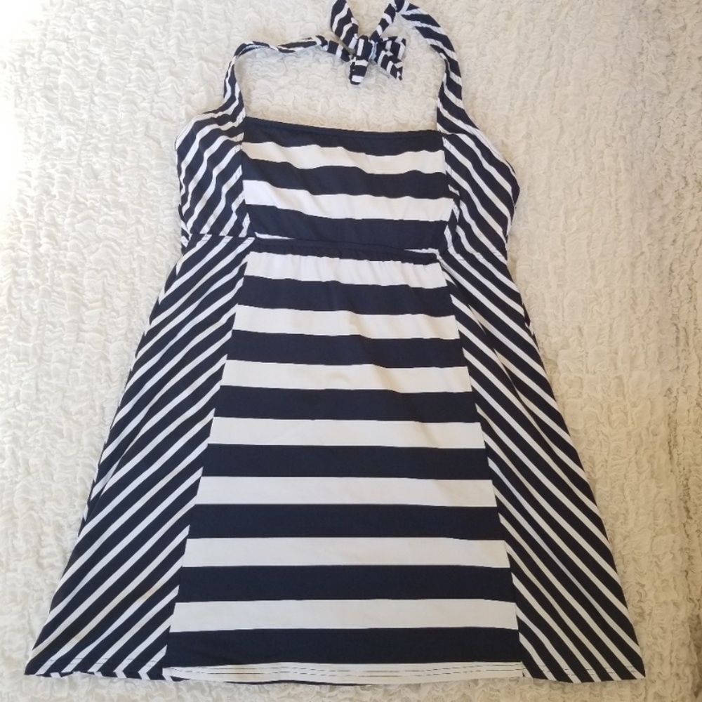 Lands End navy and white stripe swim dress sz 14